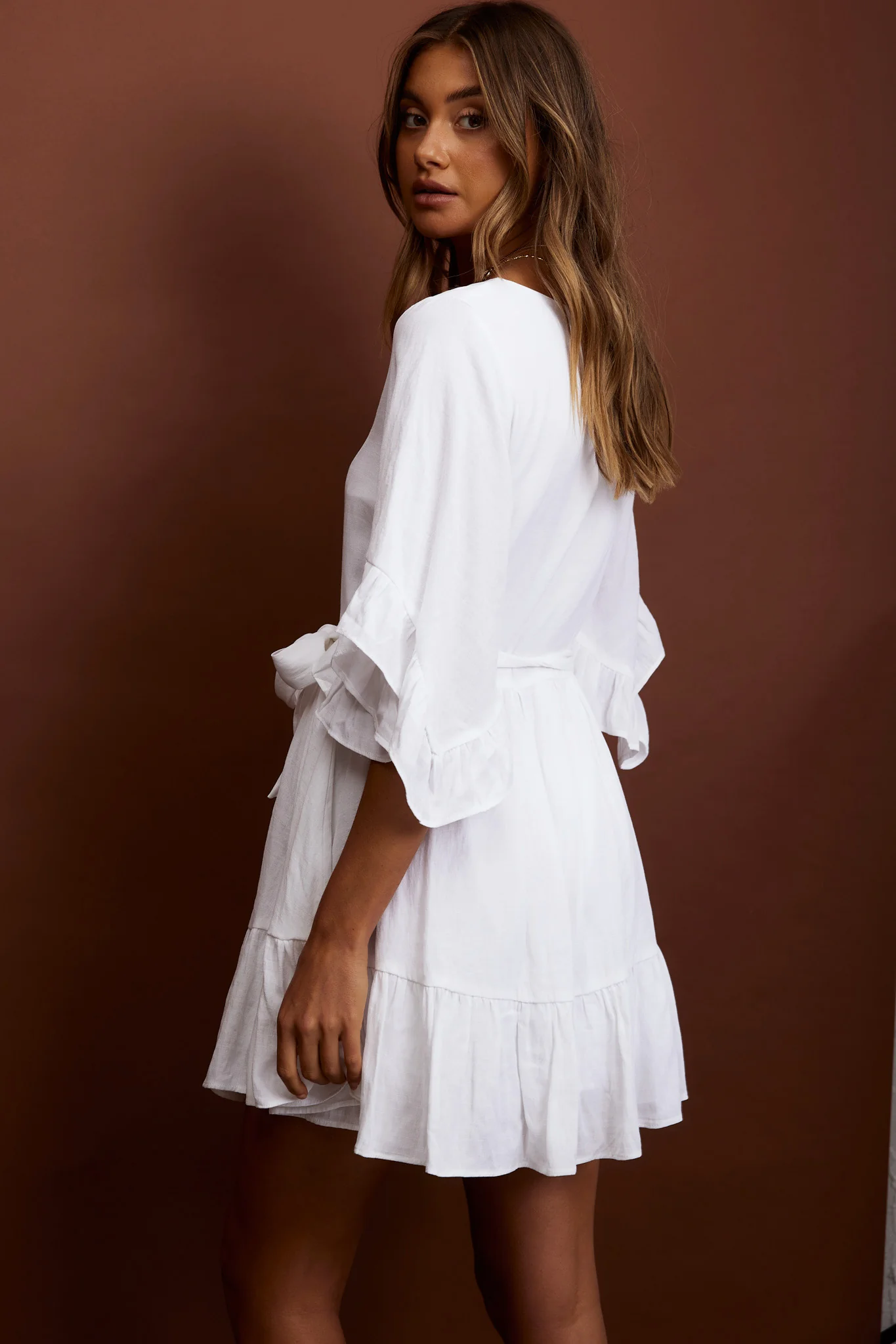 Joni Batwing Sleeve Waist Tie Dress Ruffle White - Seraphlike