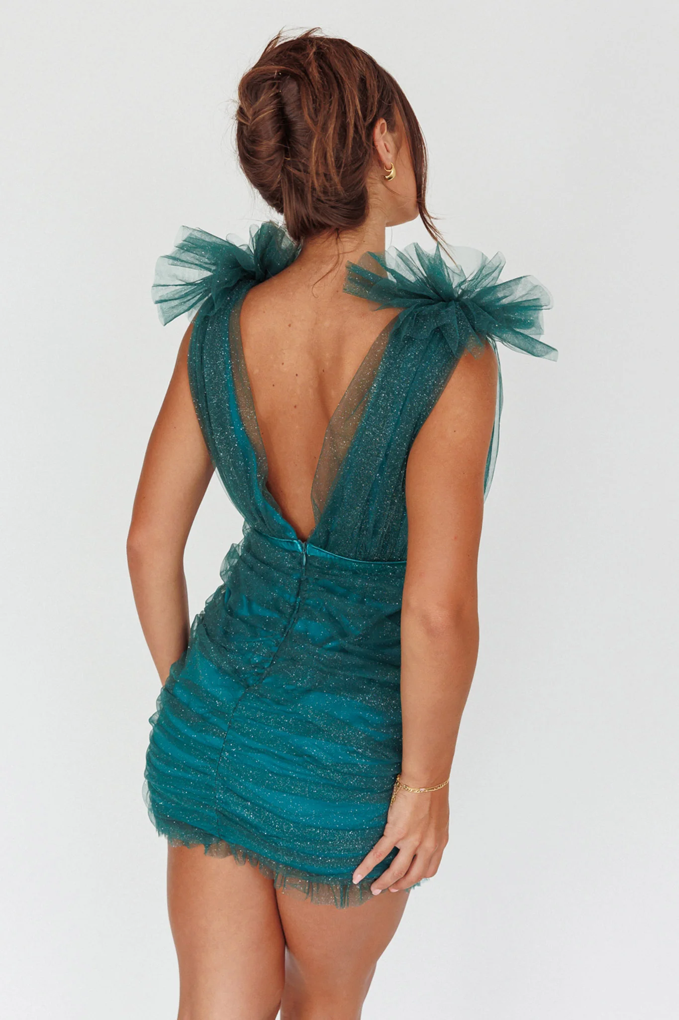 Ludivine Shoulder Accent Mesh Mini Dress Glitter Green - Seraphlike