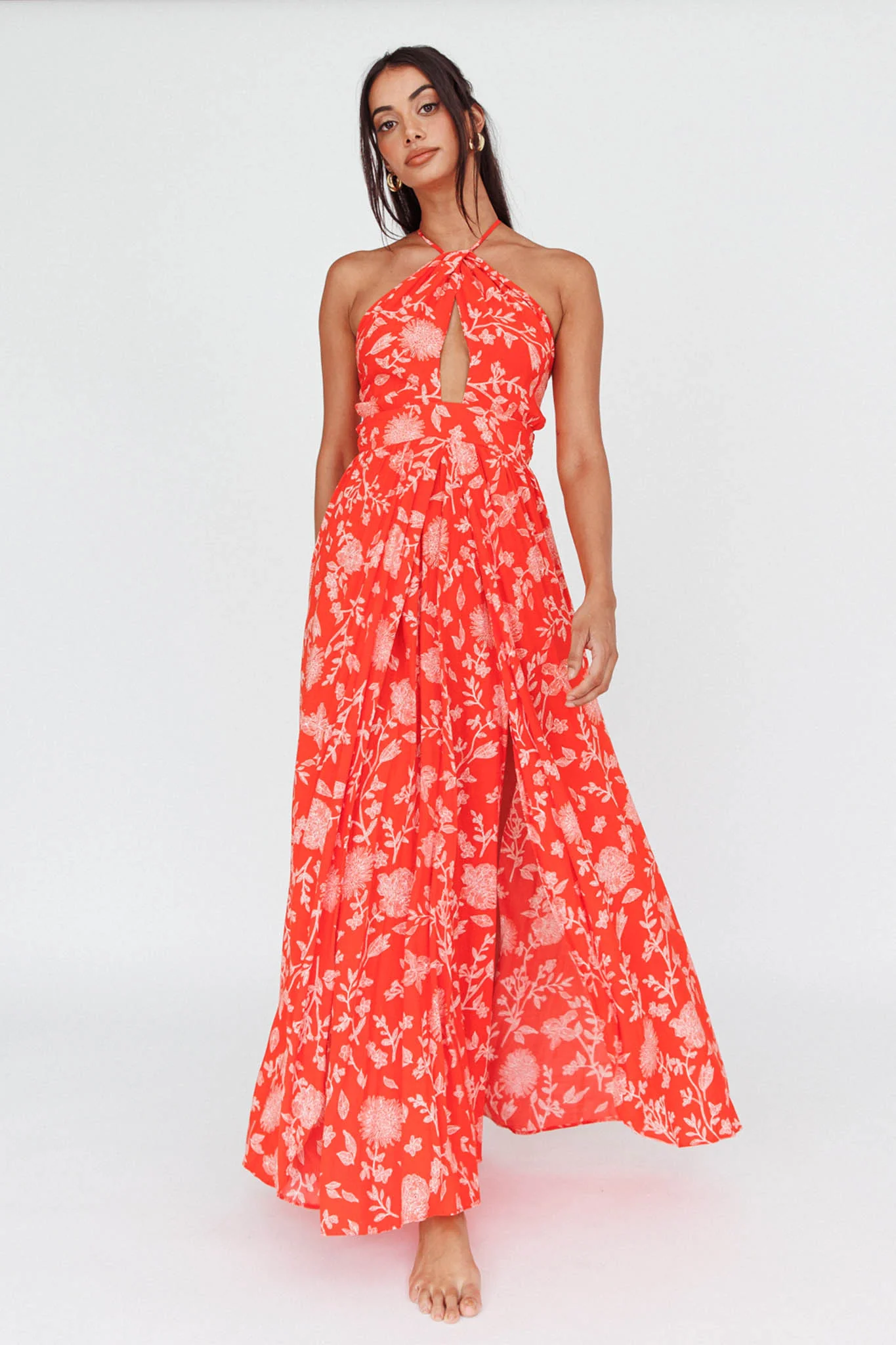 Athena High Split Maxi Dress Floral Print Red - Seraphlike