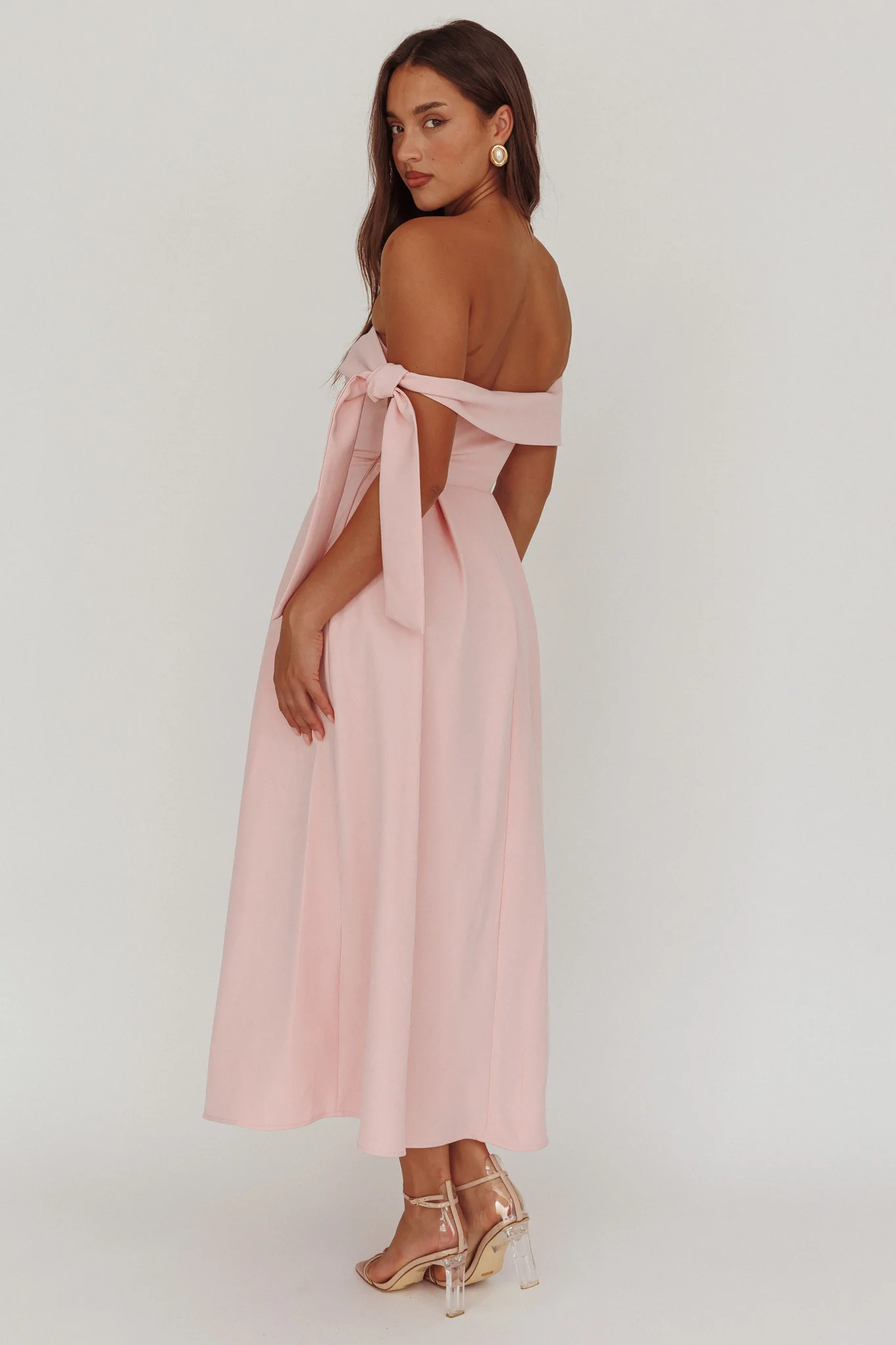 Aurora Sky Off-Shoulder Box Pleat Midi Dress Pink - Seraphlike