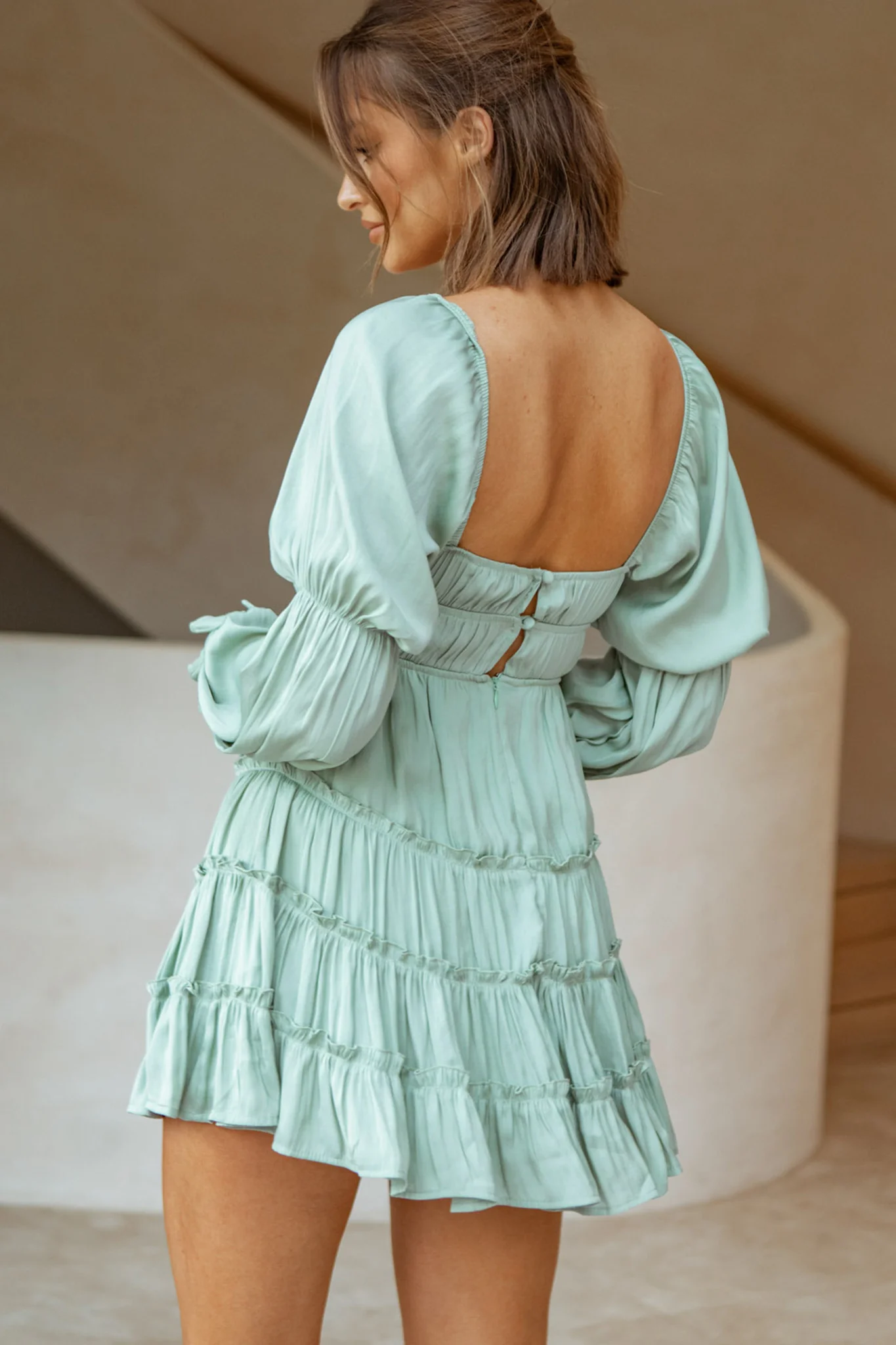 Josephina Lace-Up Front Long Sleeve Mini Dress Avocado - Seraphlike