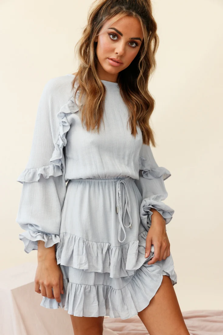 Best Wishes Long Sleeve Frill Detail Dress Grey - Seraphlike