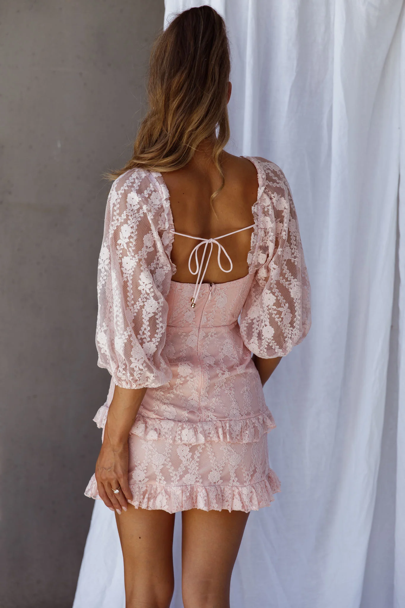 Hemingway Criss-Cross Bust Balloon Sleeve Frill Trim Lace Dress Blush - Seraphlike