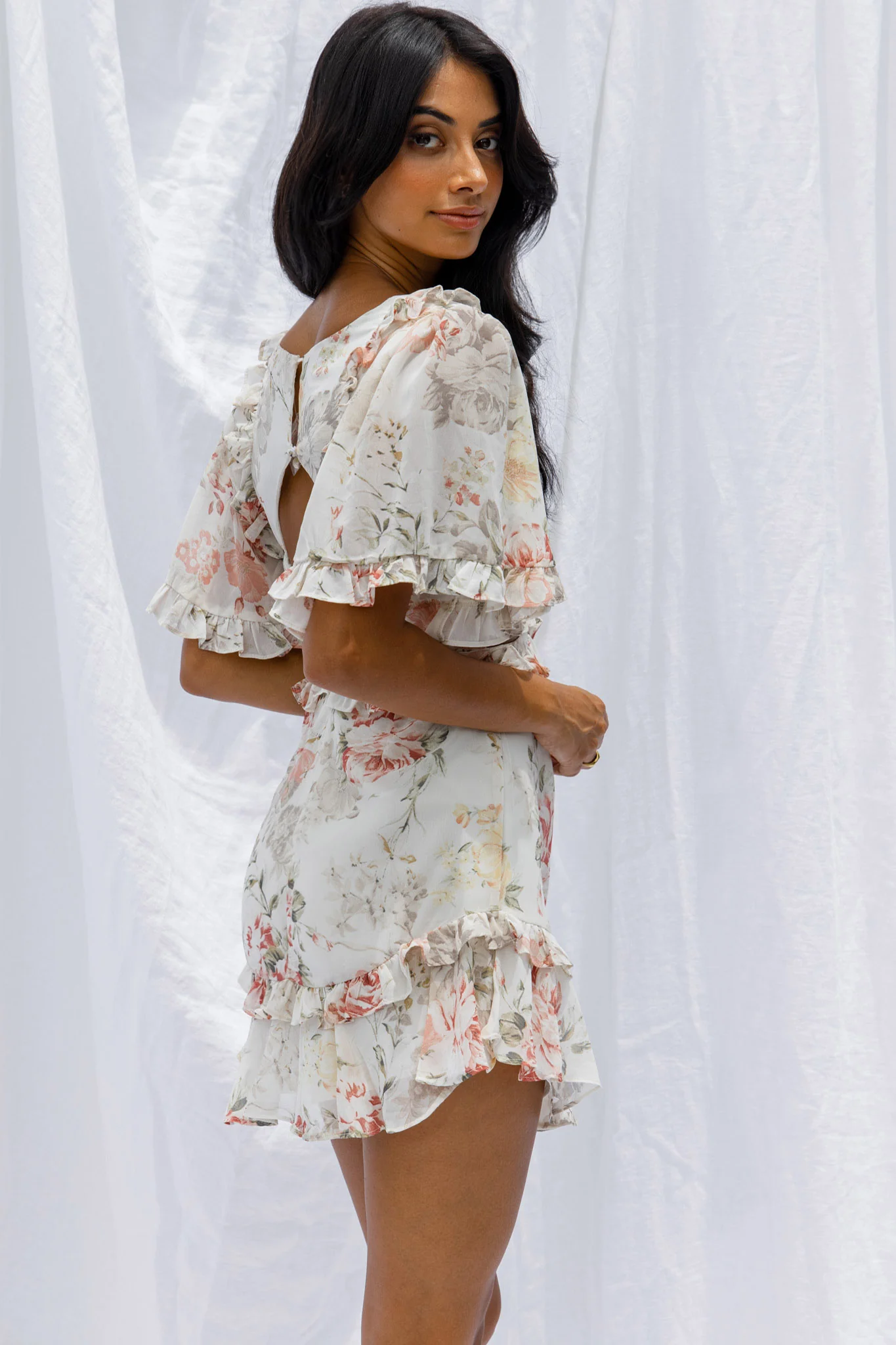 My Belle Cut-Out Detail Frill Accent Dress Vintage Floral Print White - Seraphlike