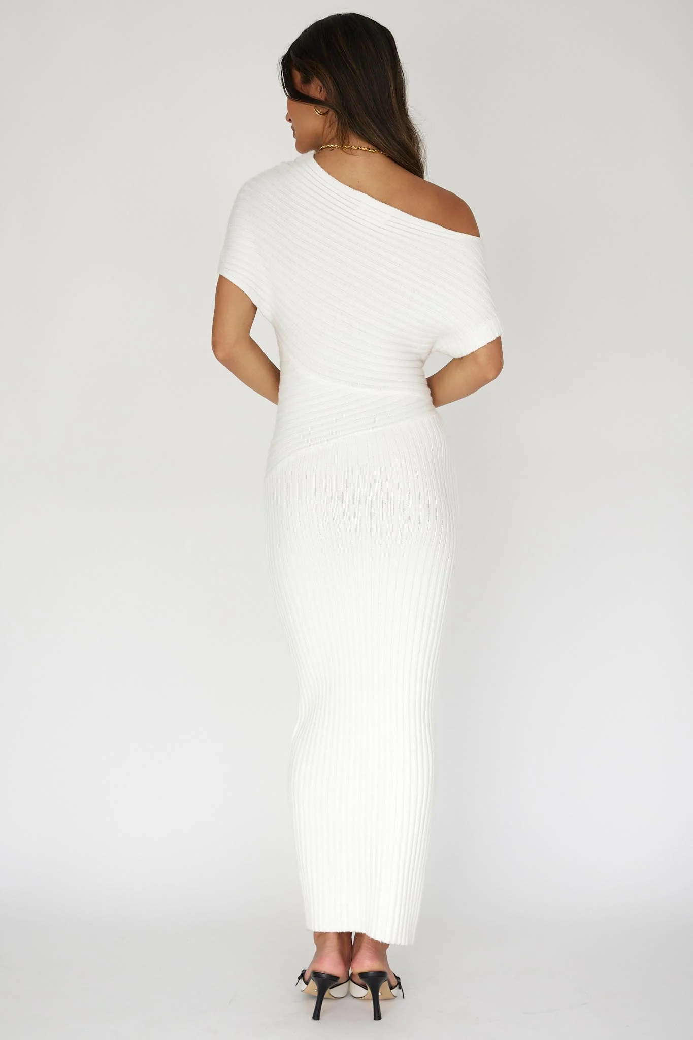 Kaelyn Asymmetric Neck Knit Maxi Dress White - Seraphlike