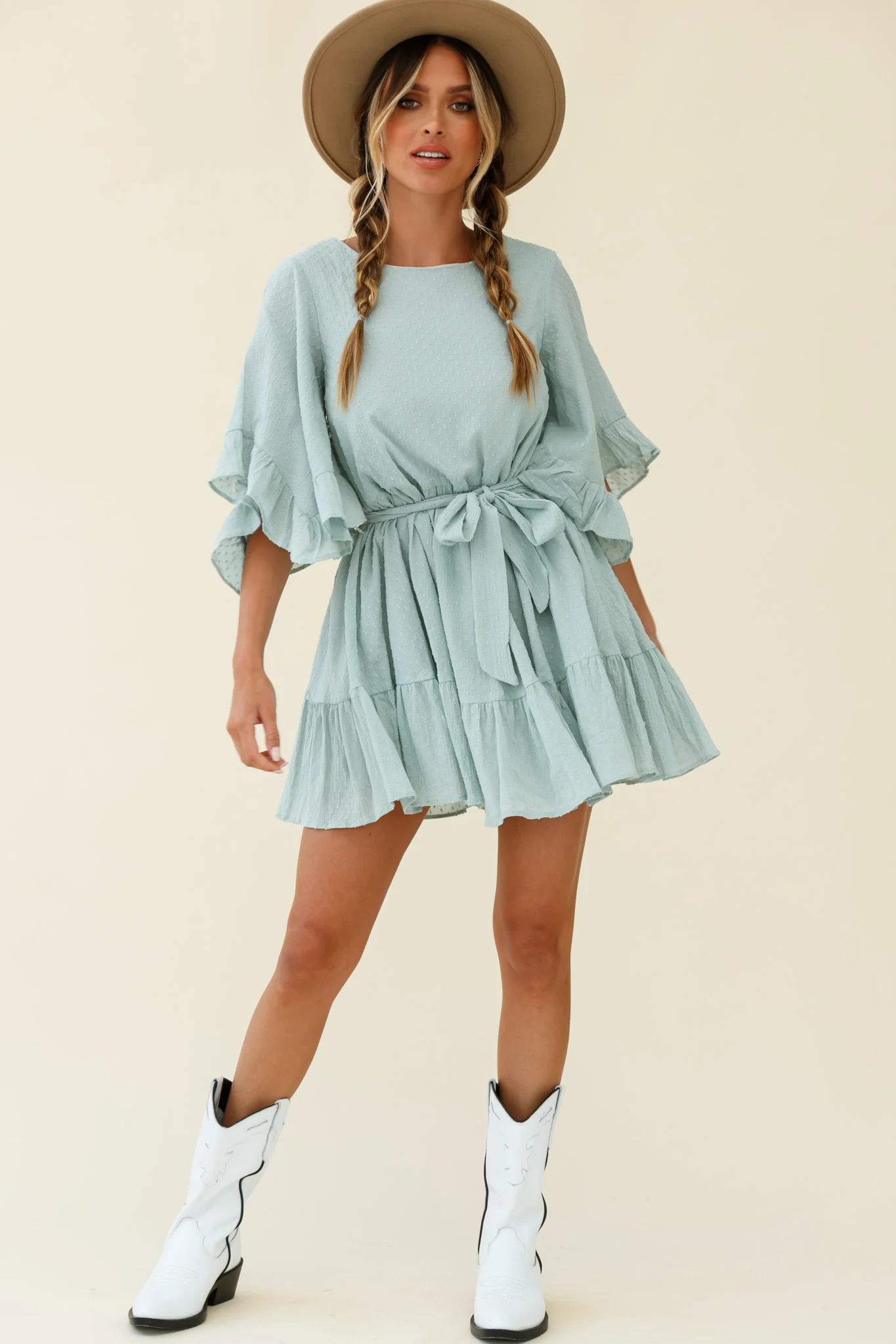 Joni Batwing Sleeve Waist Tie Dress Sage - Seraphlike