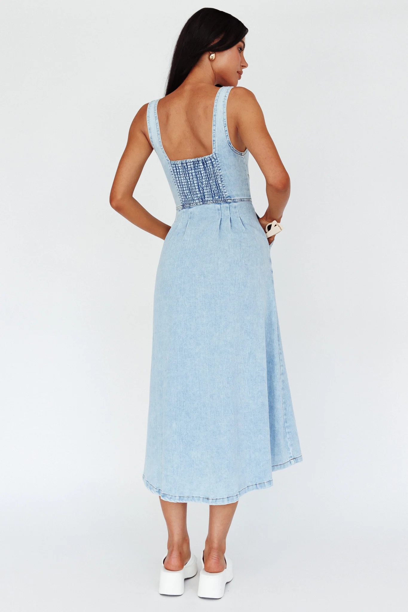 Pixie Dust Button Front Midi Dress Denim Blue - Seraphlike