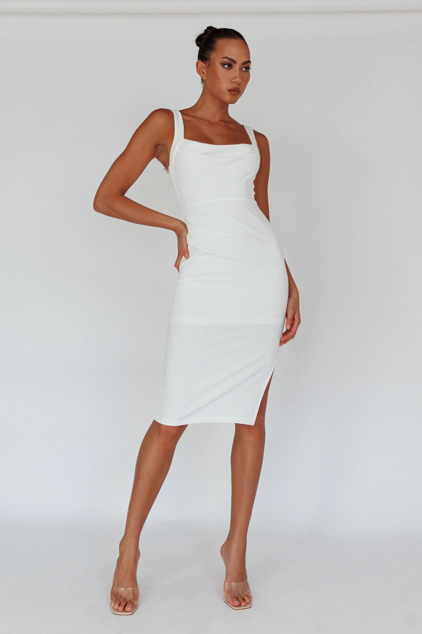 Bella Vista Cowl Neckline Thick Strap Knee Length Dress White - Seraphlike