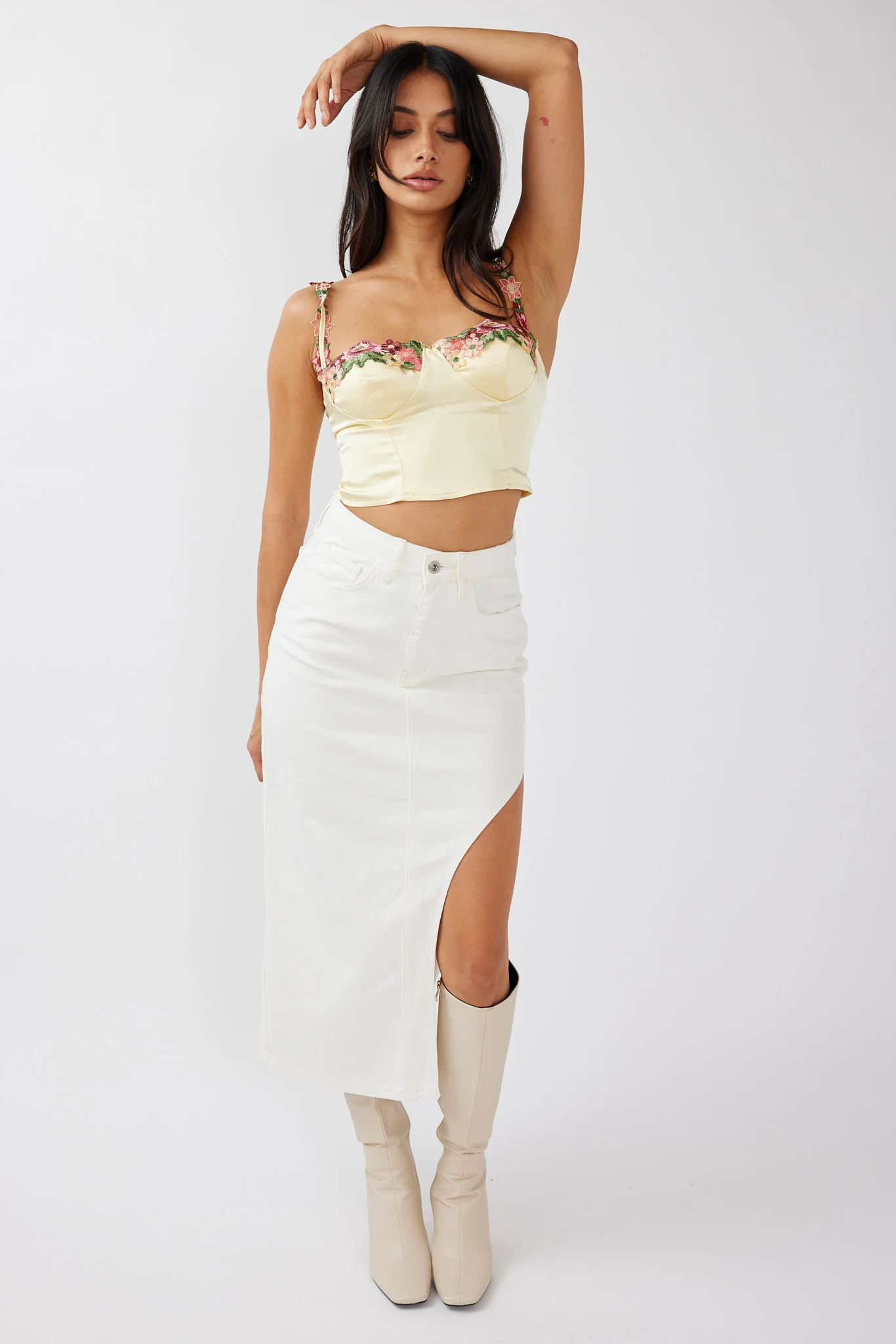 Rose Garden Floral Applique Crop Top Yellow - Seraphlike