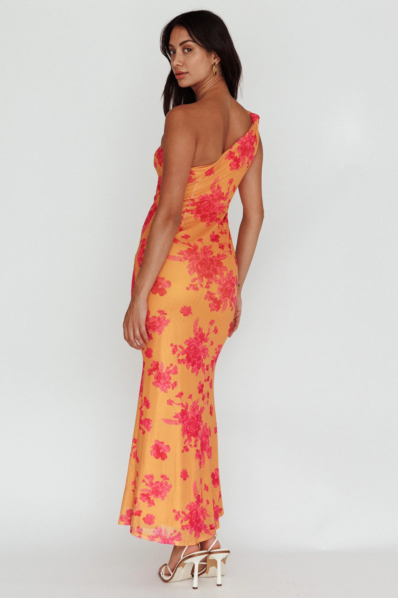 Portland One-Shoulder Jersey Maxi Dress Floral Orange - Seraphlike