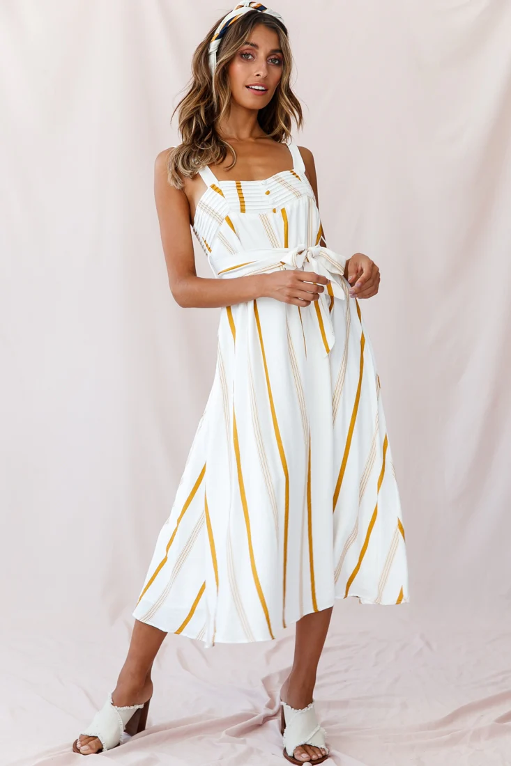 Colmar Wide Strap Midi Dress White Mustard Stripe - Seraphlike