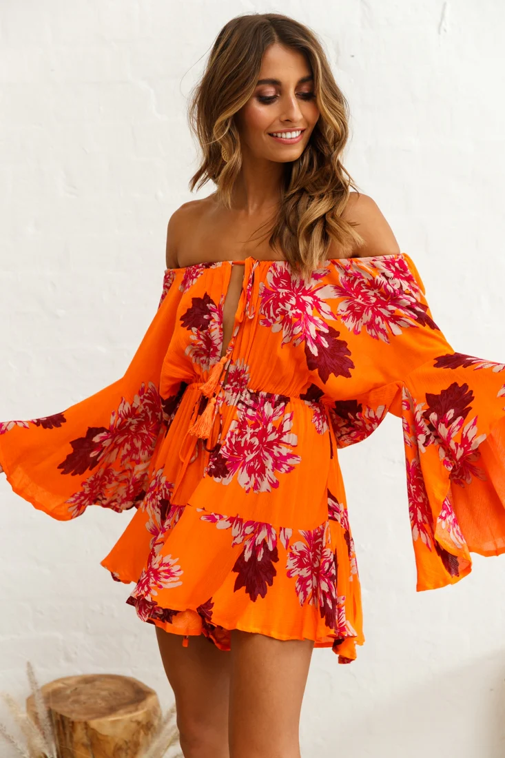 Fiona Drawstring Waist Romper Orange - Seraphlike