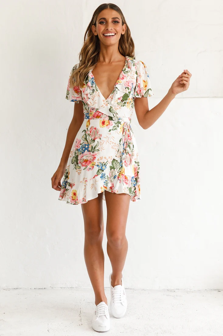 Love Story Angel Sleeve Wrap Dress Floral Print White - Seraphlike