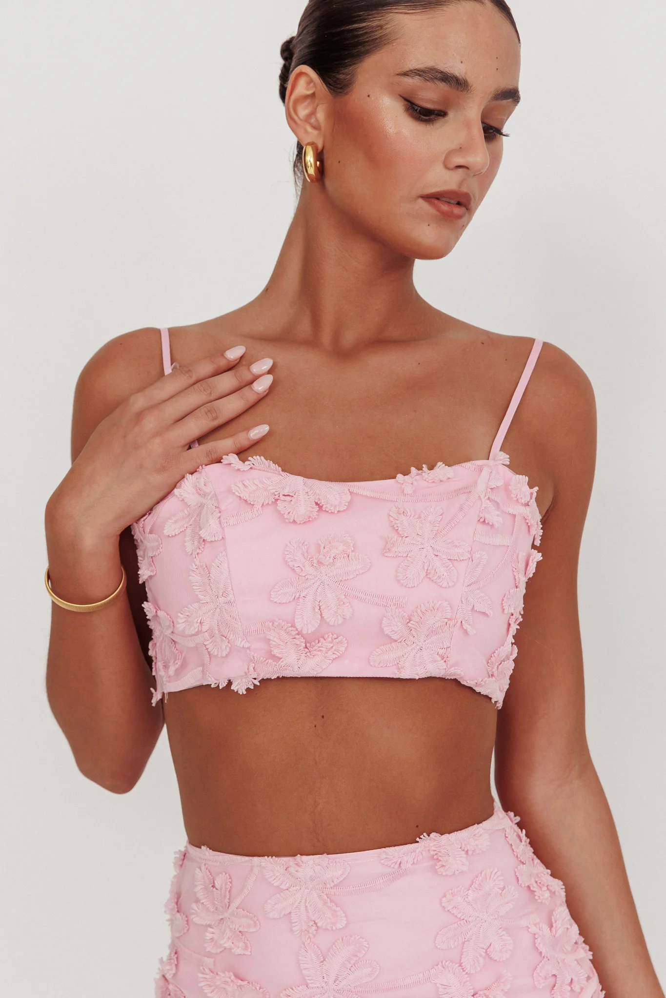 Casi Tied Back Crop Top Embroidered Baby Pink - Seraphlike