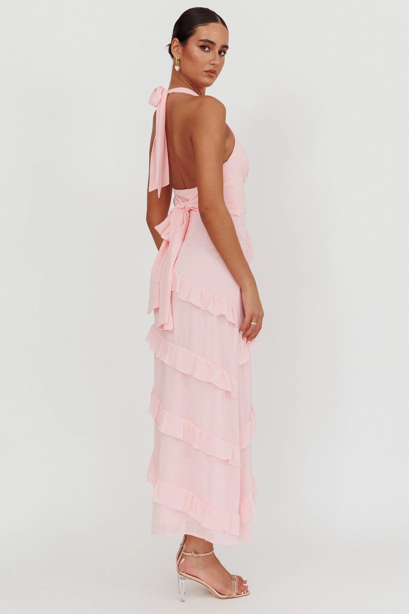 Flirt Frill Trim Halter Maxi Dress Blush - Seraphlike