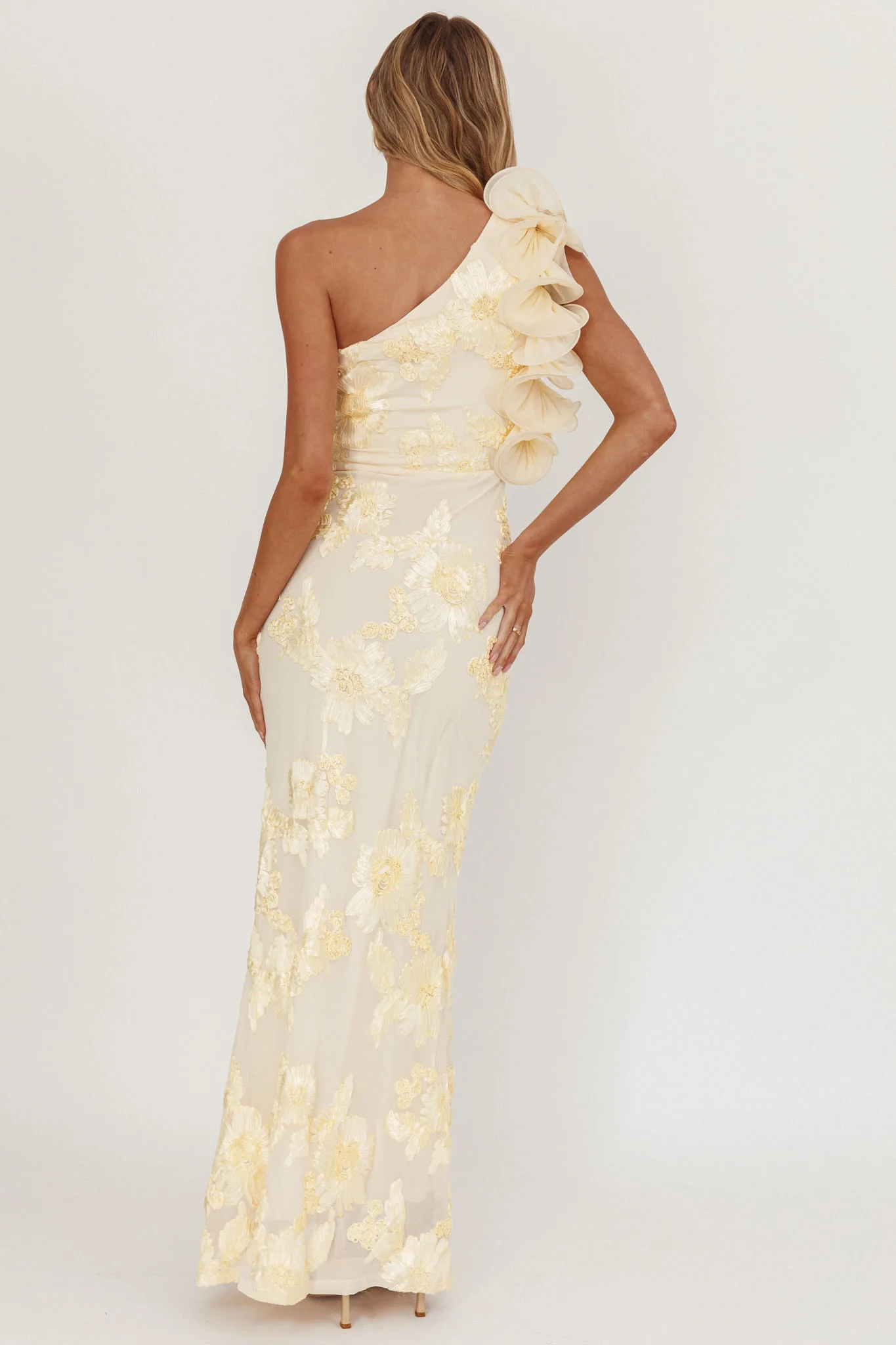 Deanna One-Shoulder Ruffle Maxi Dress Floral Texture Yellow - Seraphlike