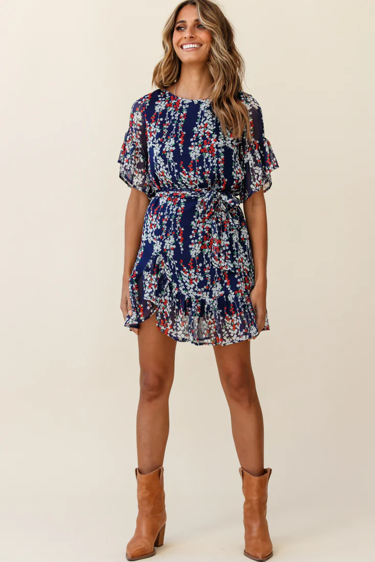 Azealia Ruffle Hem Dress Floral Print Navy - Seraphlike