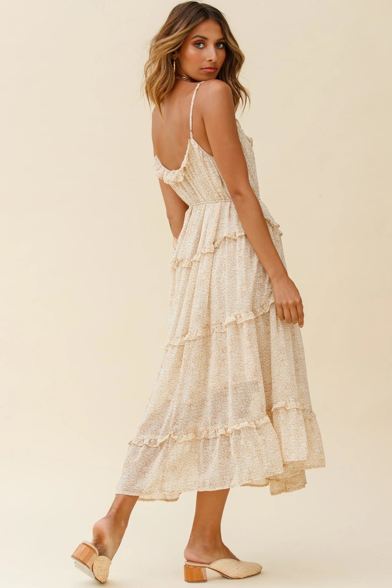 Daybreak Frill Trim String Tie Waist Midi Dress Floral Print Beige - Seraphlike