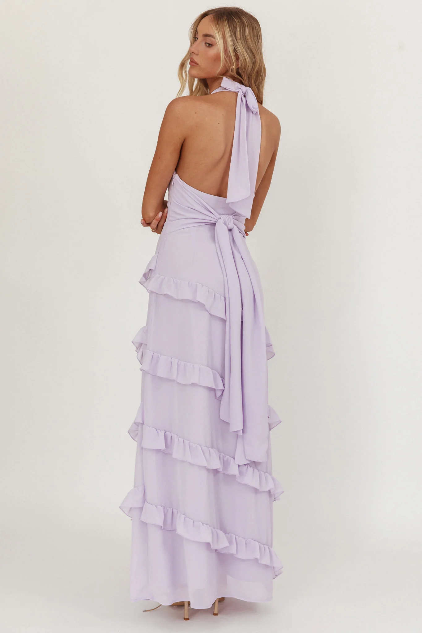 Flirt Frill Trim Halter Maxi Dress Lilac - Seraphlike