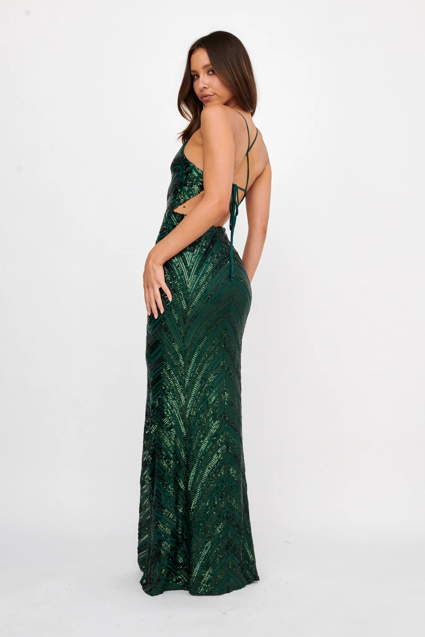 Dalila Open Tied Back Sequin Maxi Dress Hunter - Seraphlike