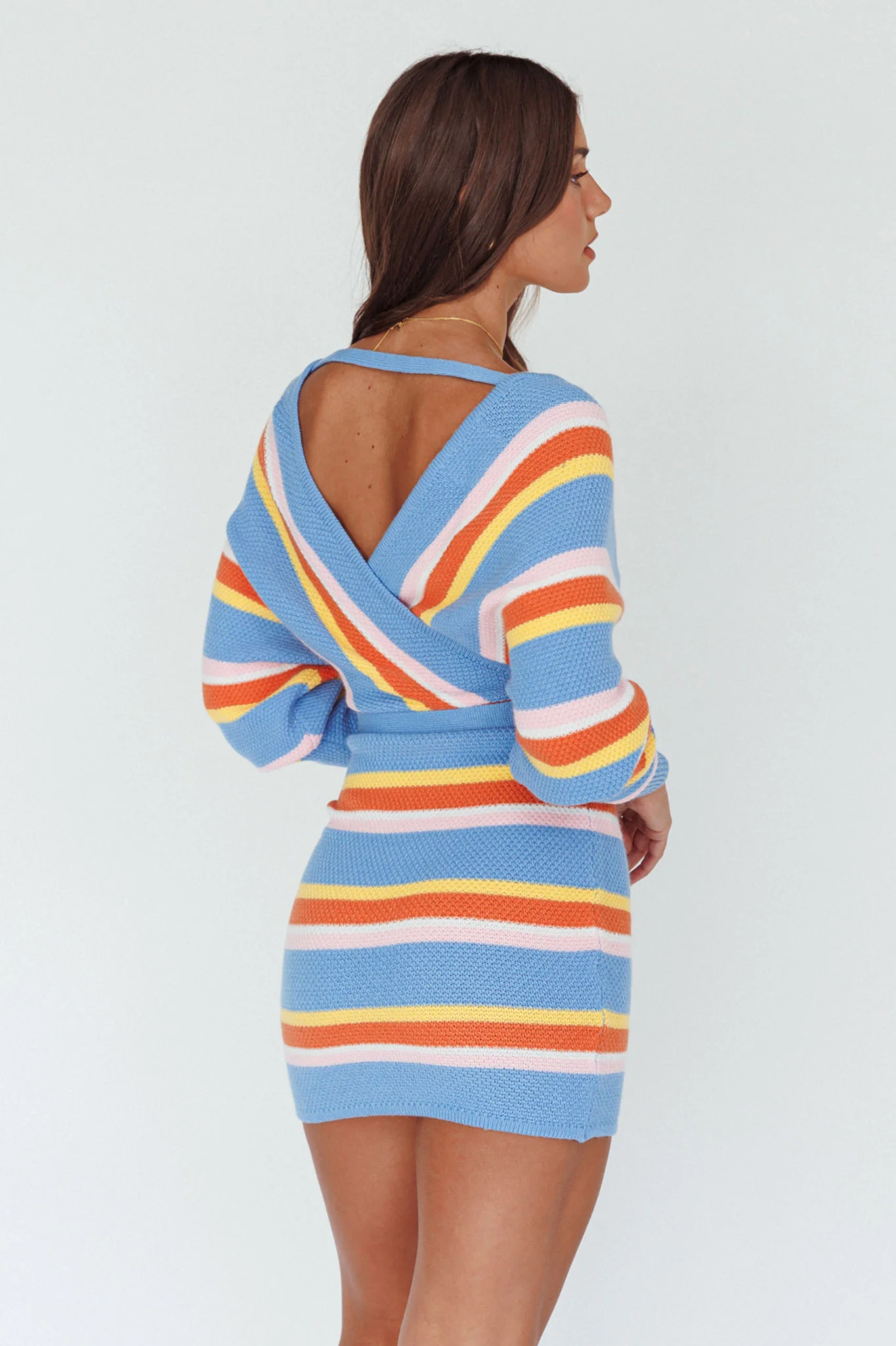 Cameo Batwing Knit Dress Striped Blue - Seraphlike