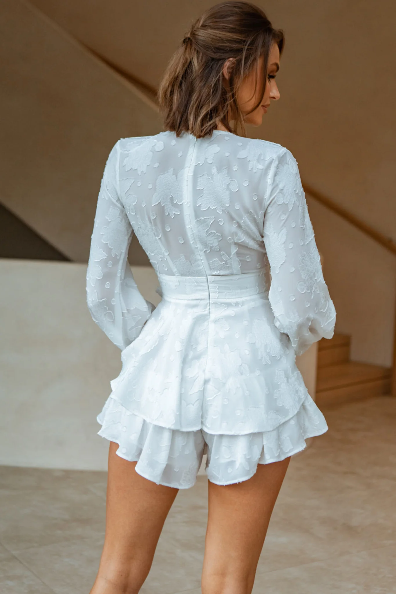 Maddox Fit & Flare Long Sleeve Romper Textured Floral White - Seraphlike