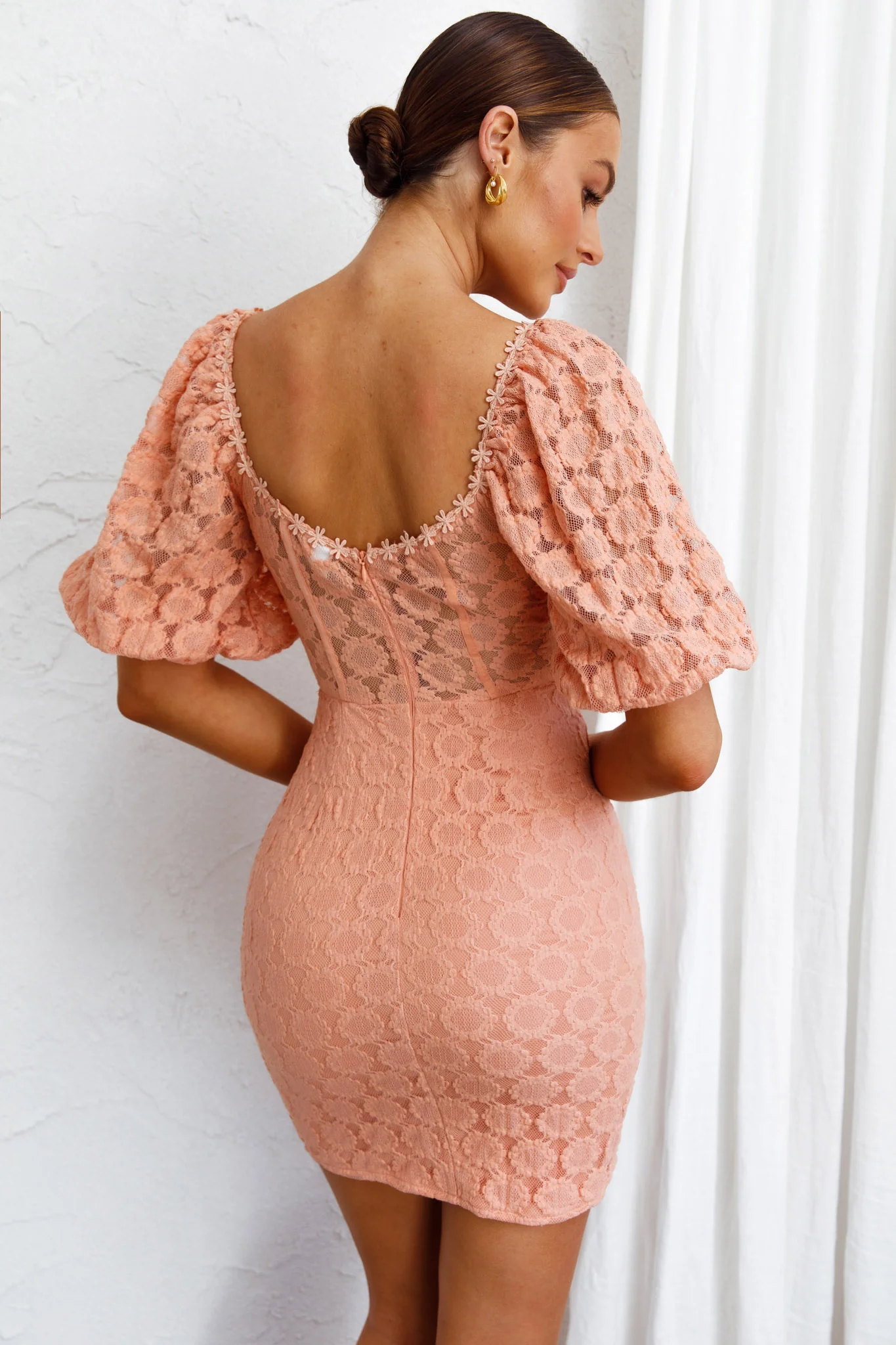 Secret Crush Puff Sleeve Floral Lace Bodycon Dress Peach - Seraphlike