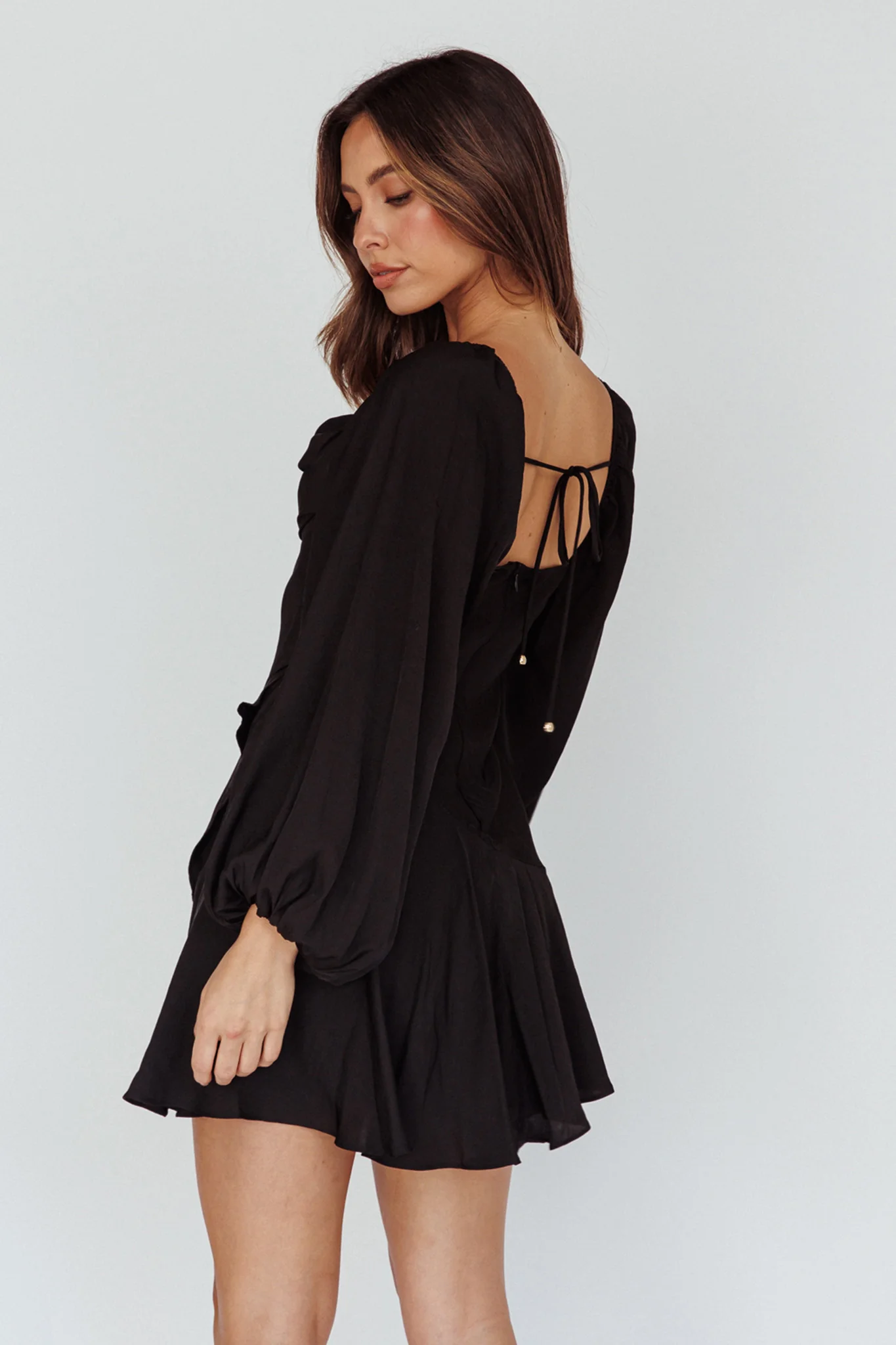 Beaujolais Long Sleeve Cowl Neckline Ruffle Satin Mini Dress Black - Seraphlike
