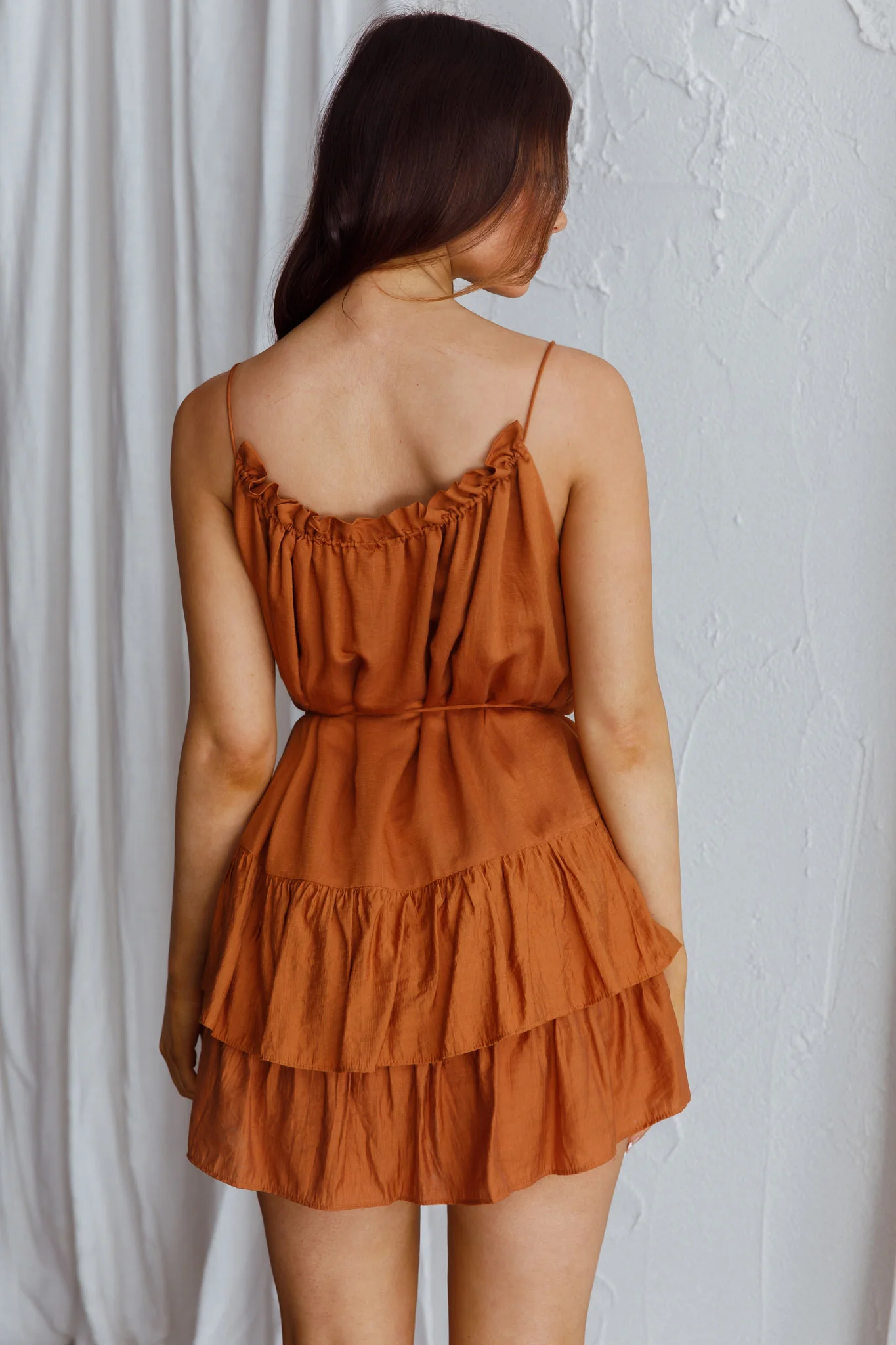 Madeira Drawstring Neckline Frill Mini Dress Tan - Seraphlike