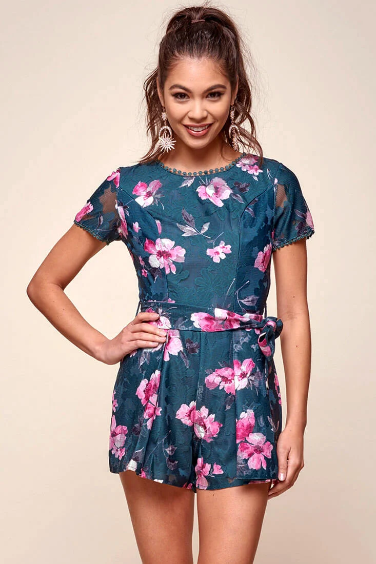 Dawson Floral Lace Back Romper Forest Green - Seraphlike