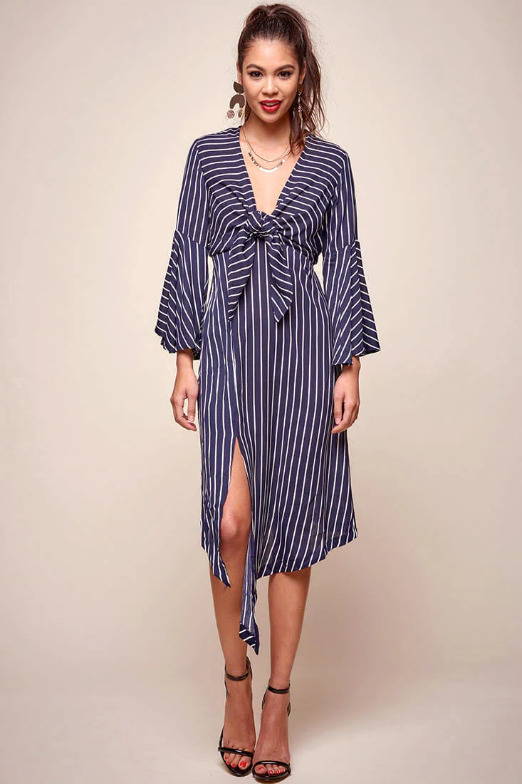 Jaedyn Waist Tie Bell Sleeve Dress Navy - Seraphlike