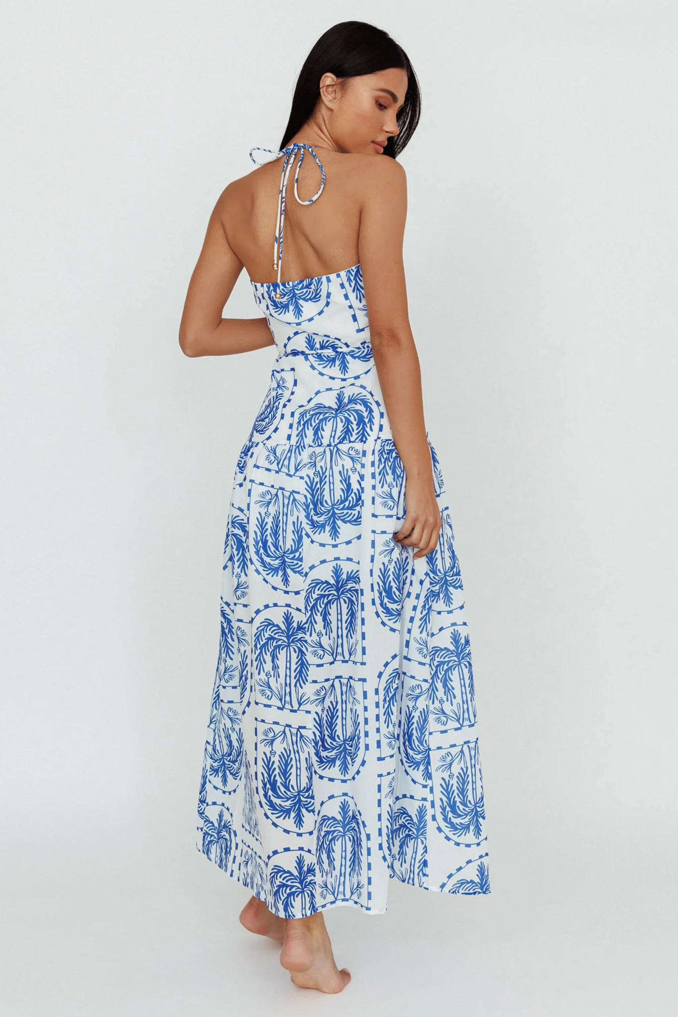 Natasia Halterneck Maxi Dress Palm Print Blue - Seraphlike