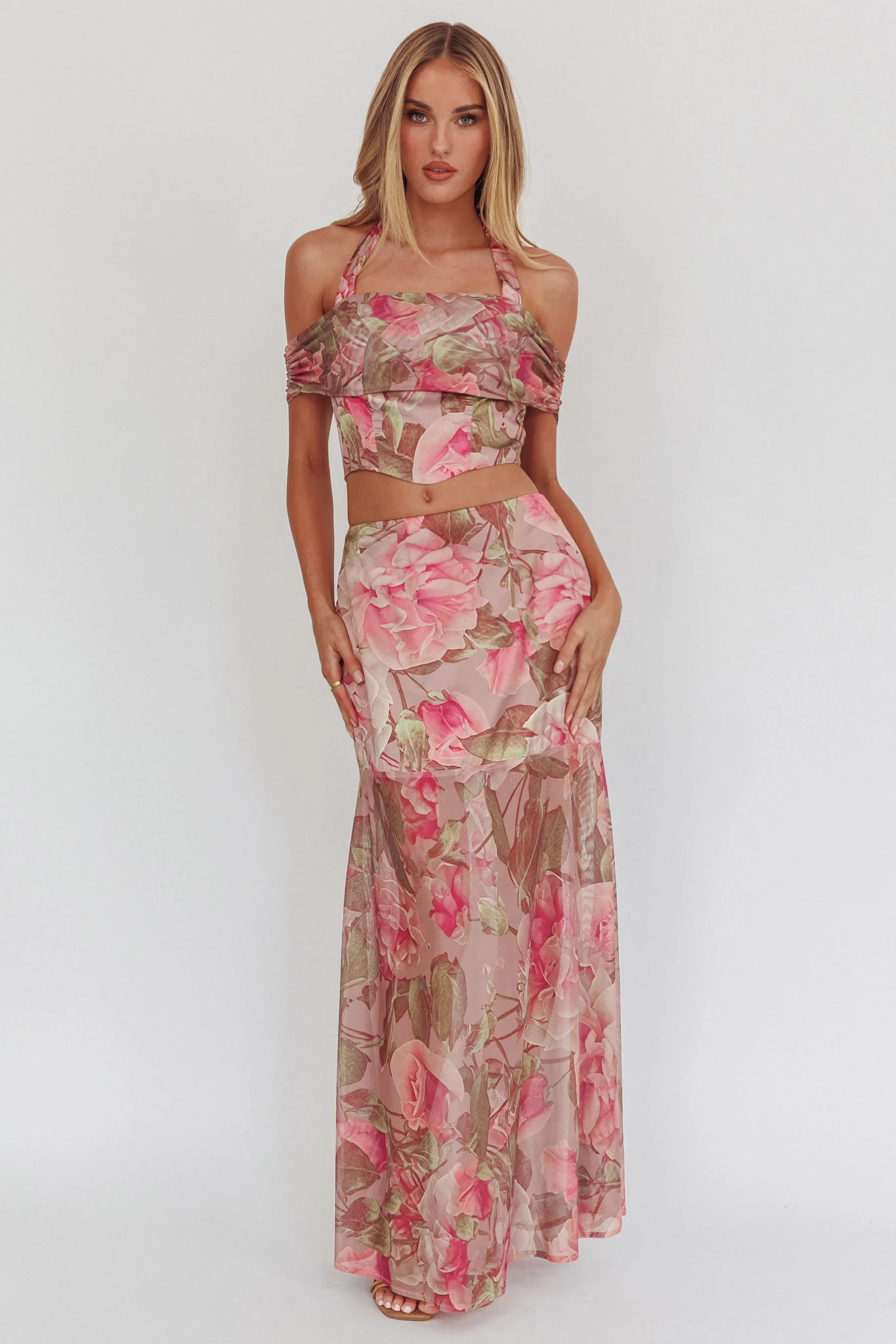 Sunset High Halterneck Crop Top Floral Blush - Seraphlike