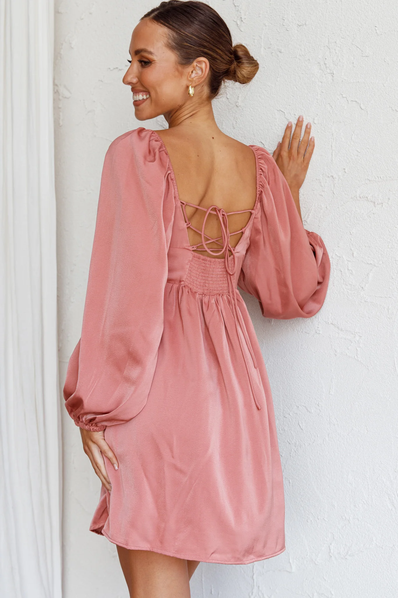 Tansy Long Sleeve Babydoll Dress Rose - Seraphlike