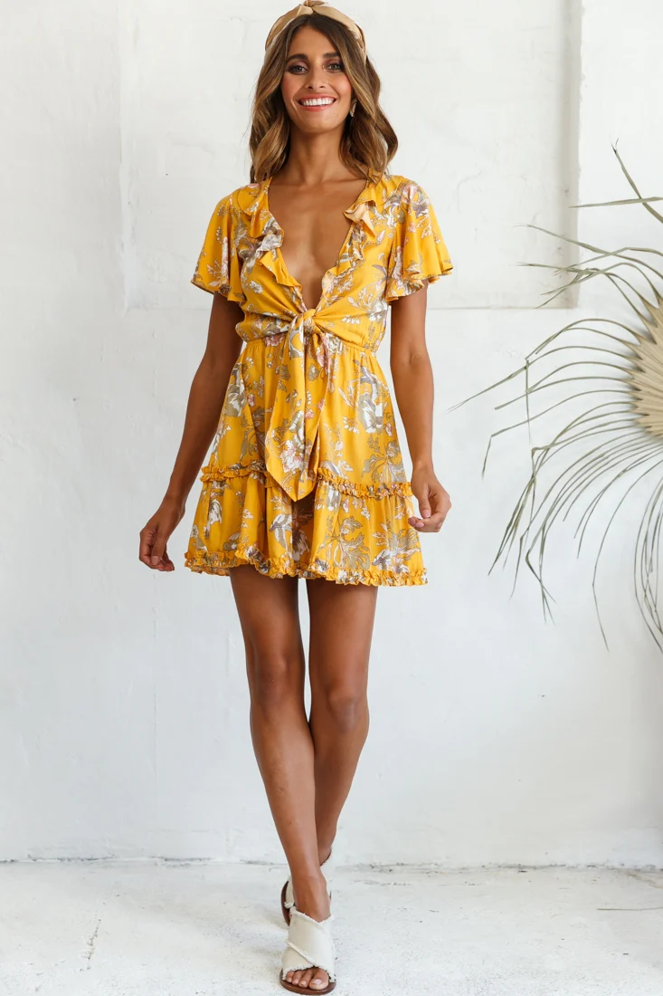 Sunny Daze Angel Sleeve Tie-Knot Bust Floral Print Dress Mustard - Seraphlike
