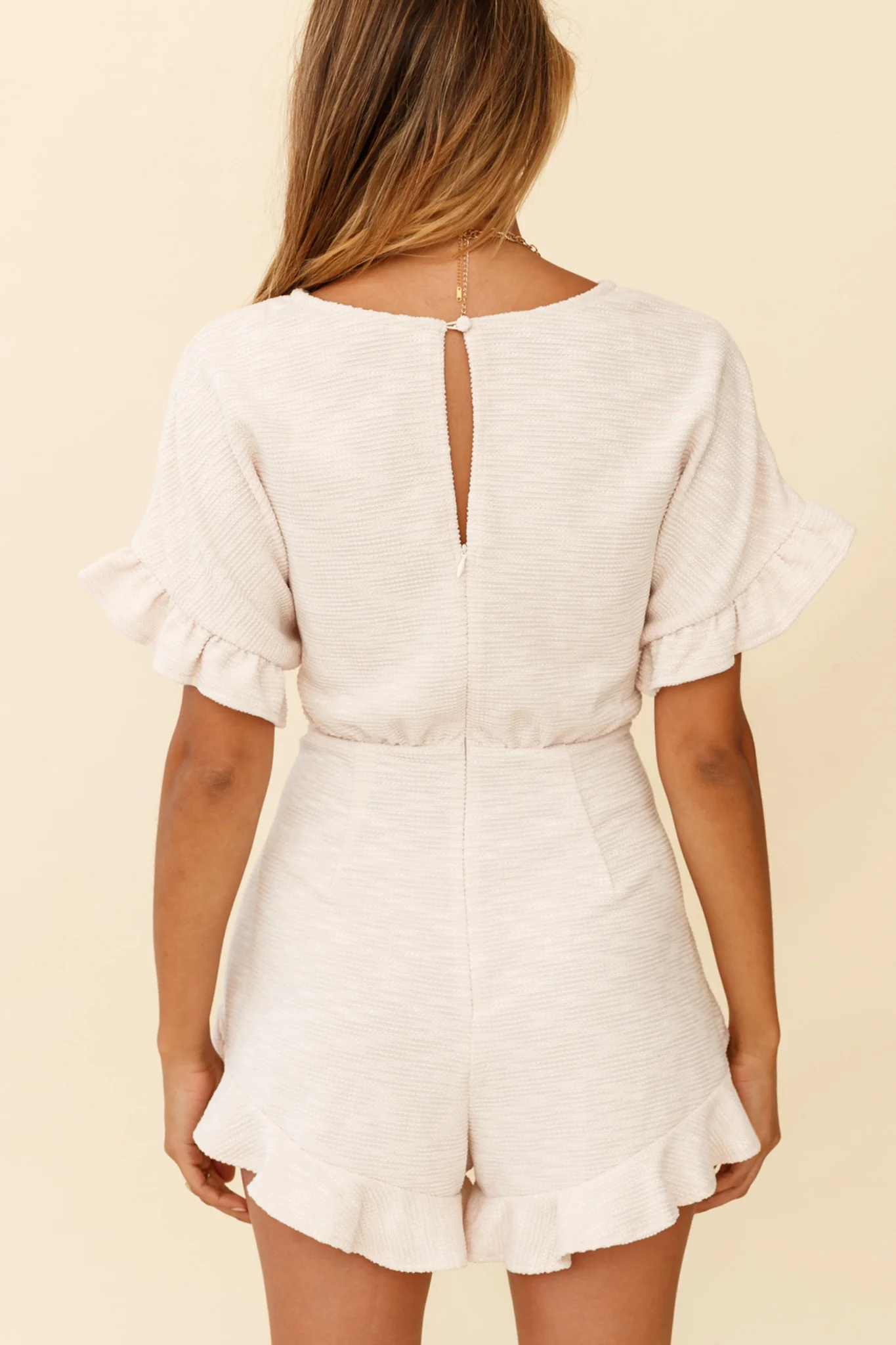 Feelin' Blessed Waist-Tie Frill Trim Romper Beige - Seraphlike