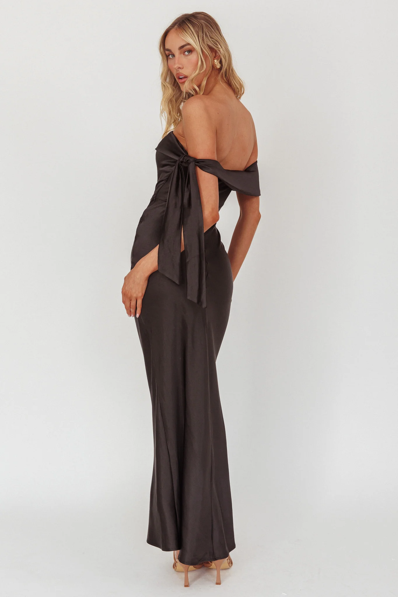 Aurora Sky Off-Shoulder Tie Maxi Dress Satin Black - Seraphlike