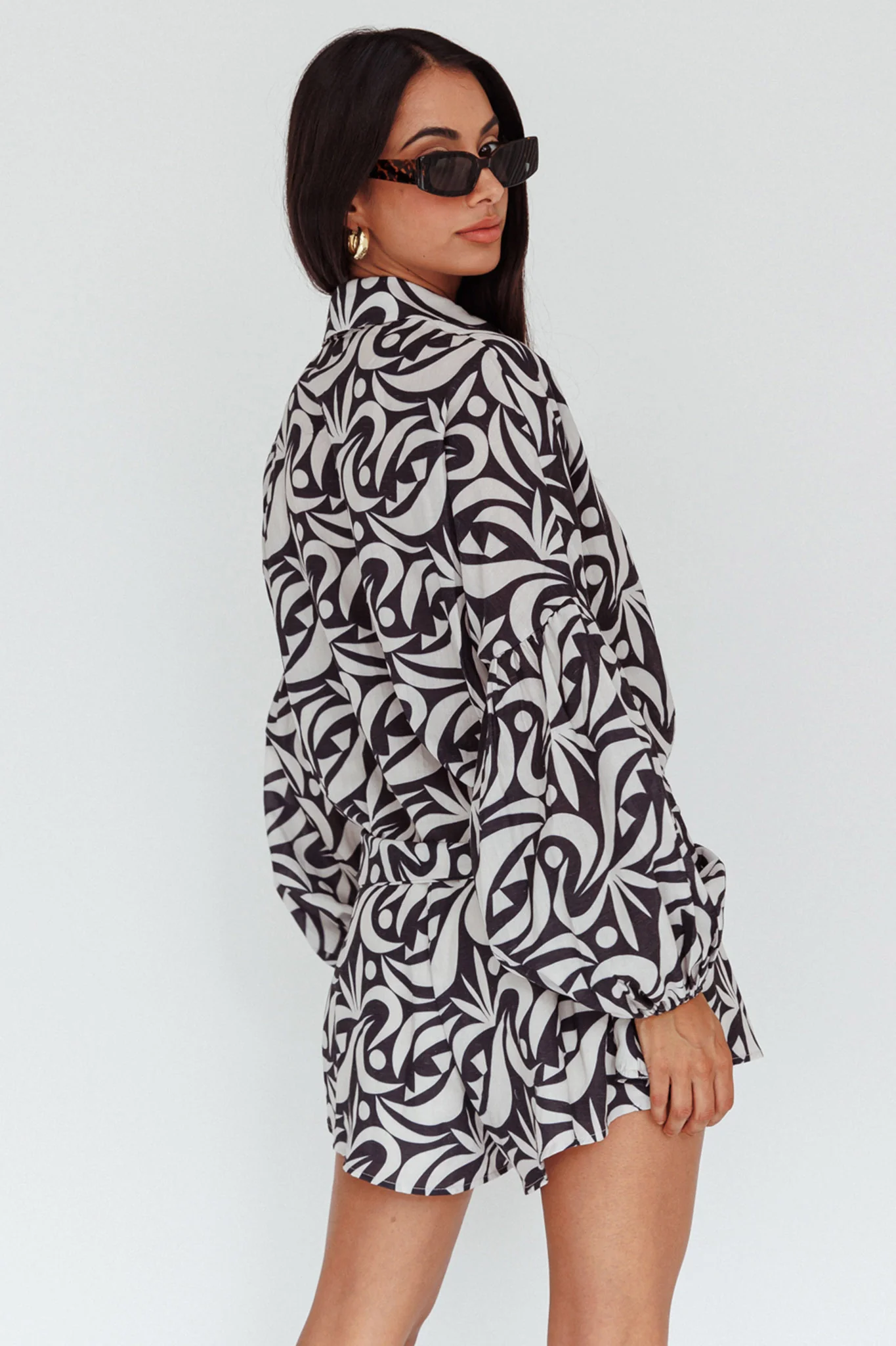 Daytona Beach Long Sleeve Shirt Romper Print Black - Seraphlike