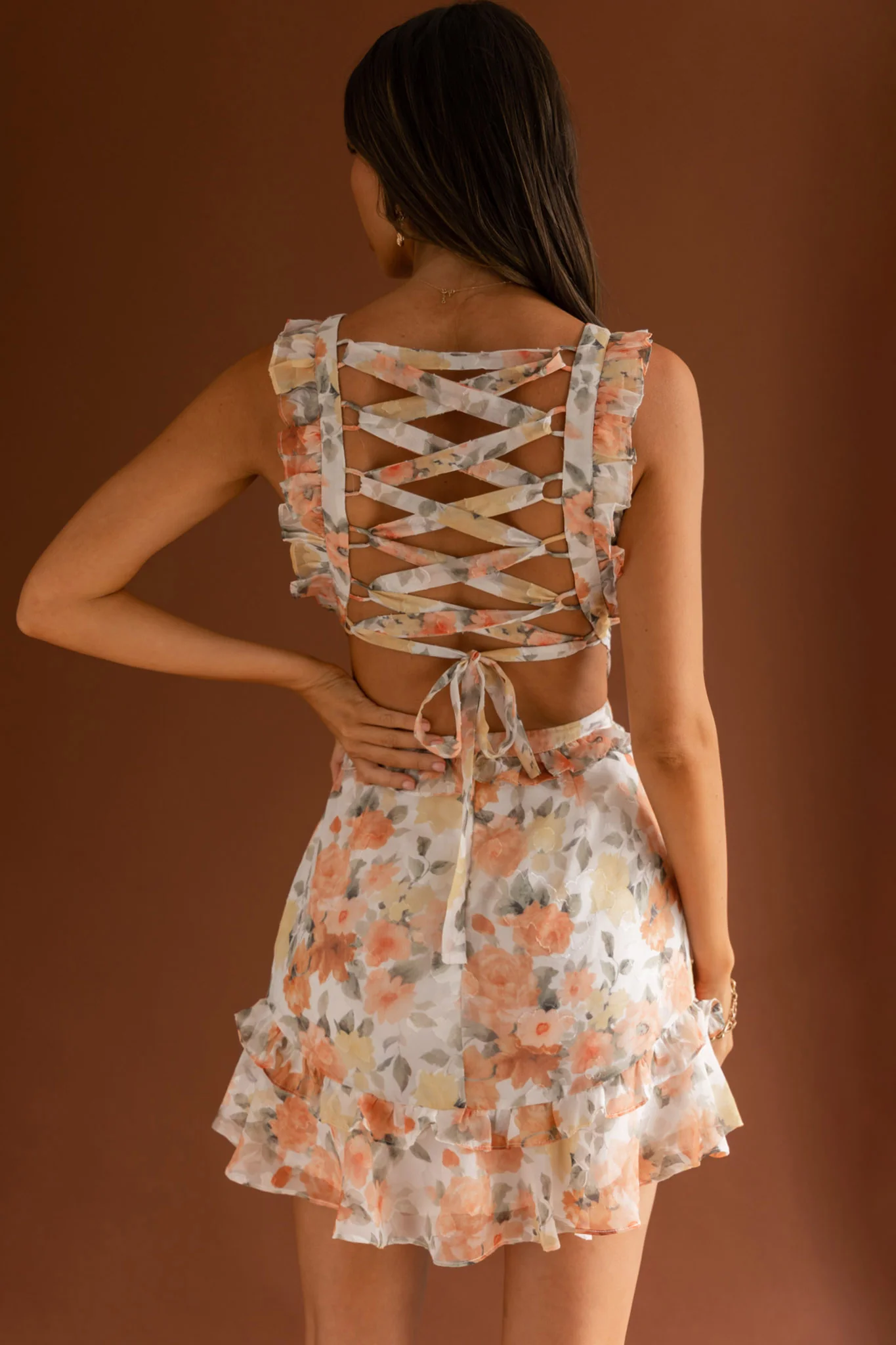 My Belle V-Neckline Lace-Up Back Frill Dress Floral Orange - Seraphlike
