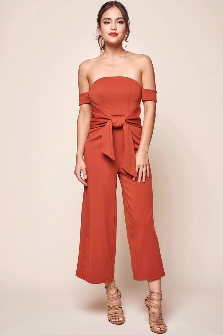 Joan Off the Shoulder Waist Tie Wide Leg Jumpsuit Rust - Seraphlike
