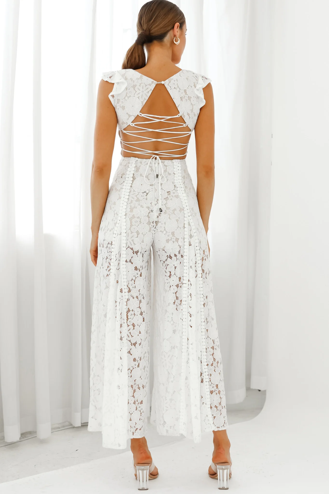 Take Note Laced-Back Frill Shoulder Lace Jumpsuit White - Seraphlike