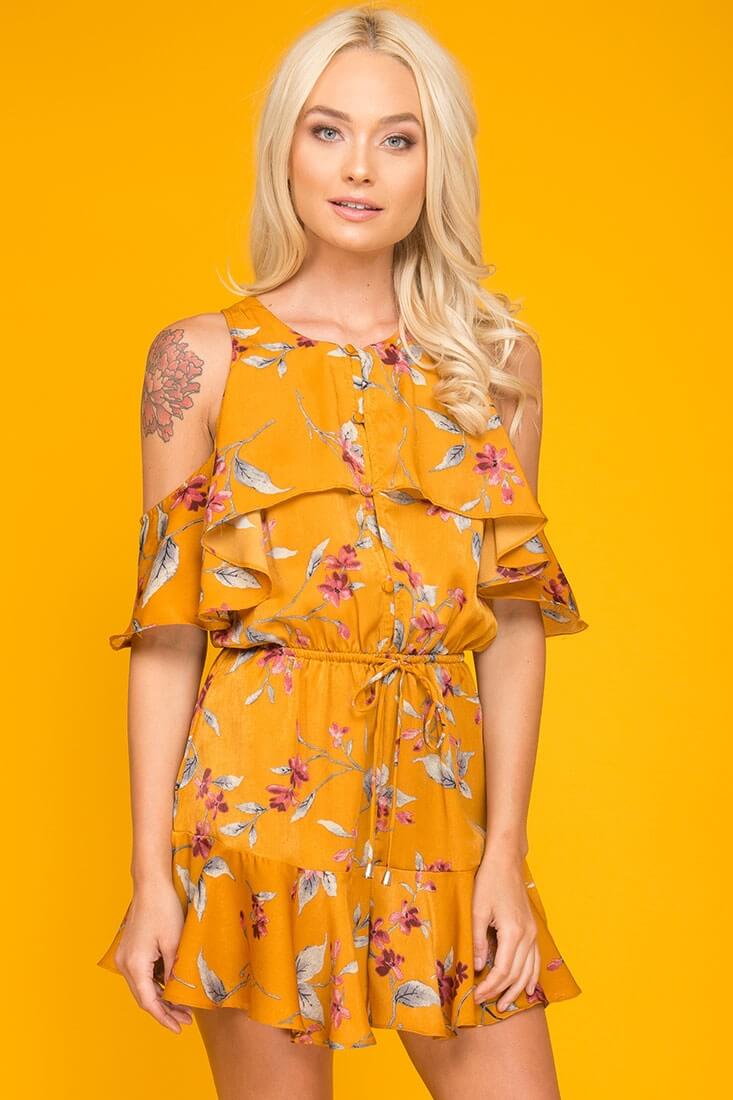 Camila Floral Off The Shoulder Romper Orange - Seraphlike