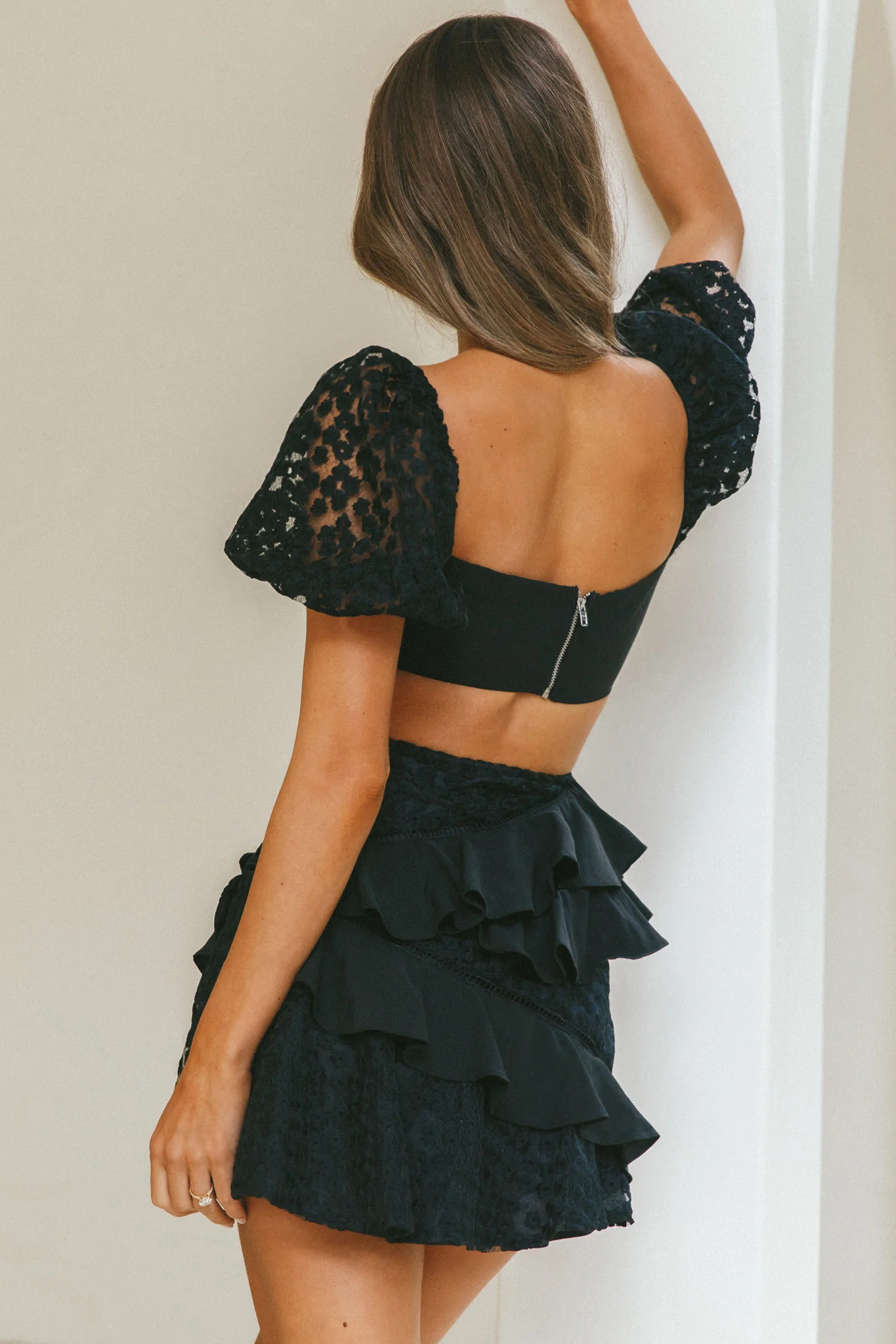 Taurus Floral Embroidery Puff Sleeve Dress Black - Seraphlike