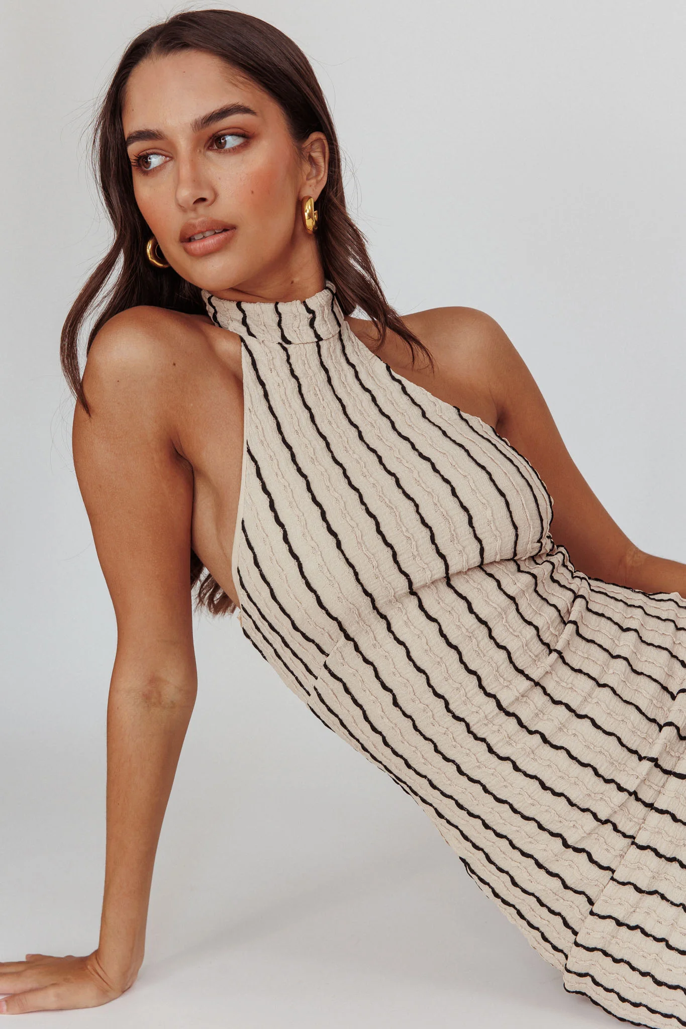 Kimchi Mockneck Halter Maxi Dress Beige - Seraphlike