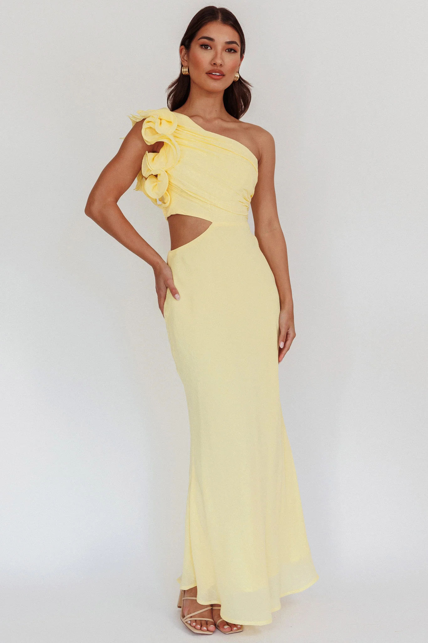 Deanna One-Shoulder Ruffle Maxi Dress Yellow - Seraphlike