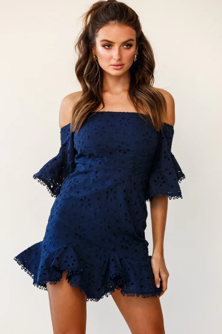 Elissa Off-Shoulder Broderie Anglaise Dress Navy - Seraphlike