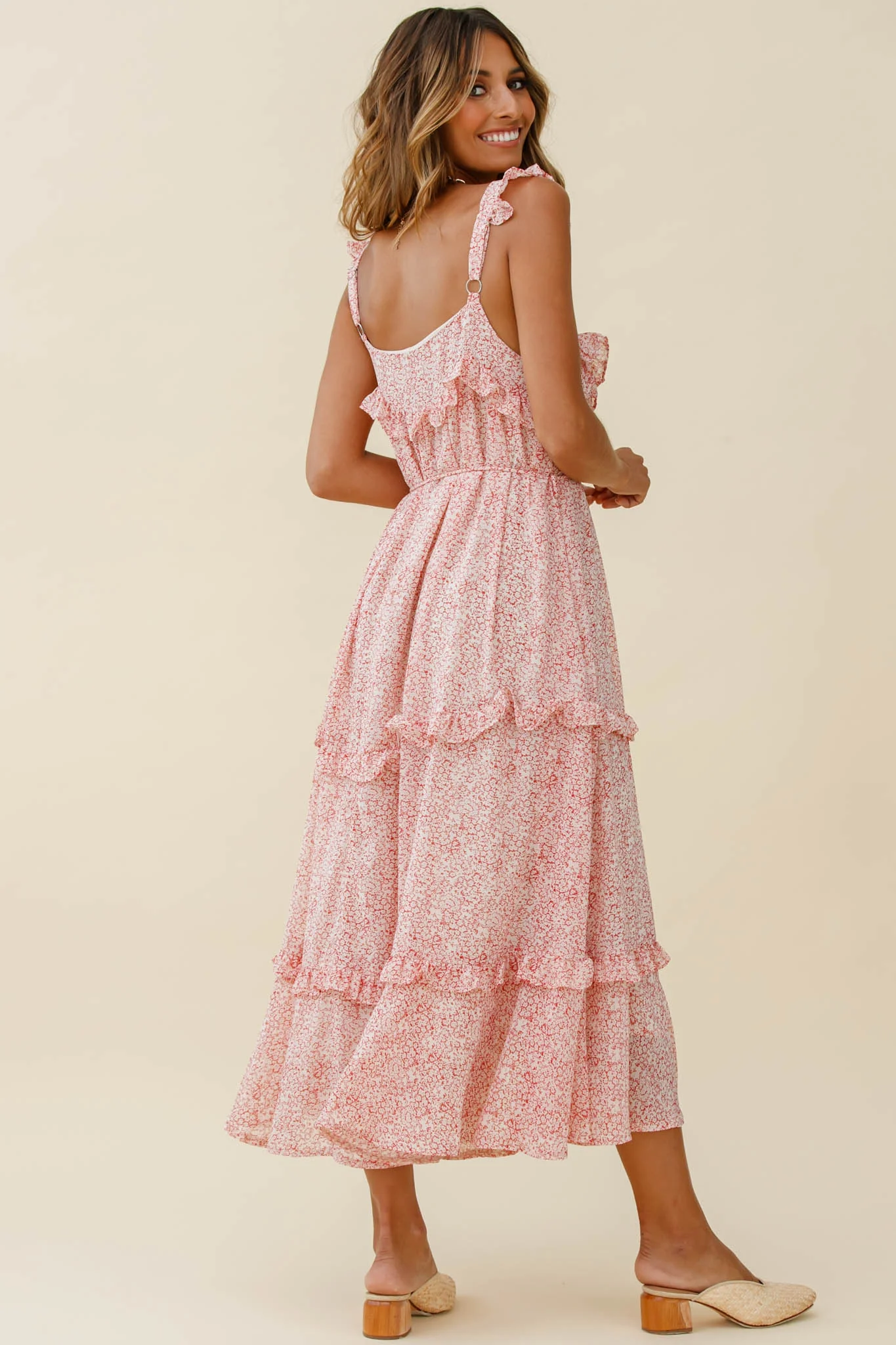 Priscilla Tied Bust Frill Detail Maxi Dress Floral Print Red - Seraphlike