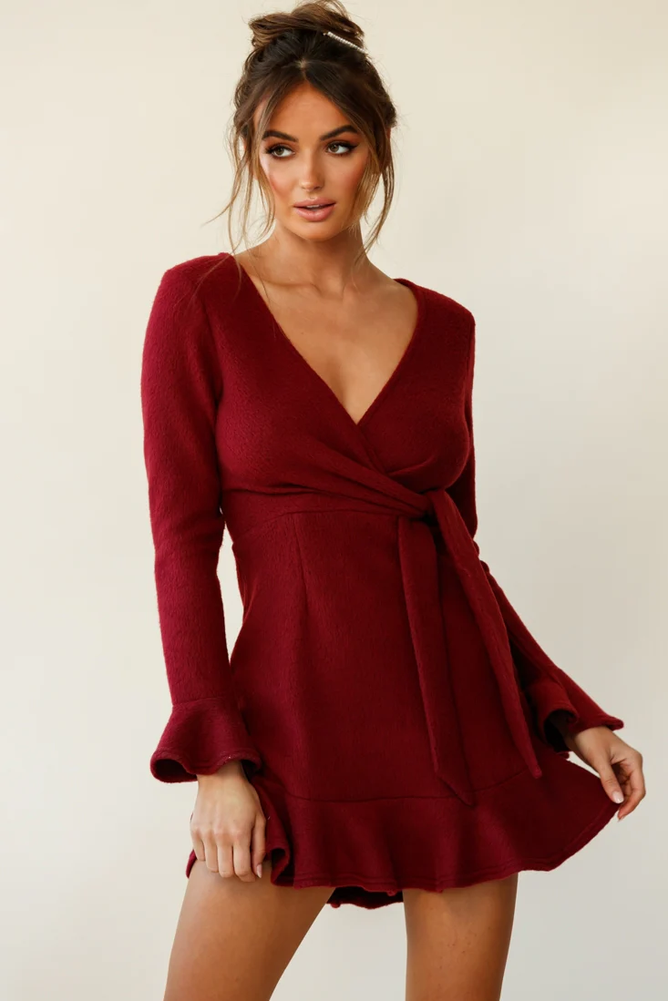 Shalini Flared Cuff Surplice Neckline Knit Dress Wine - Seraphlike