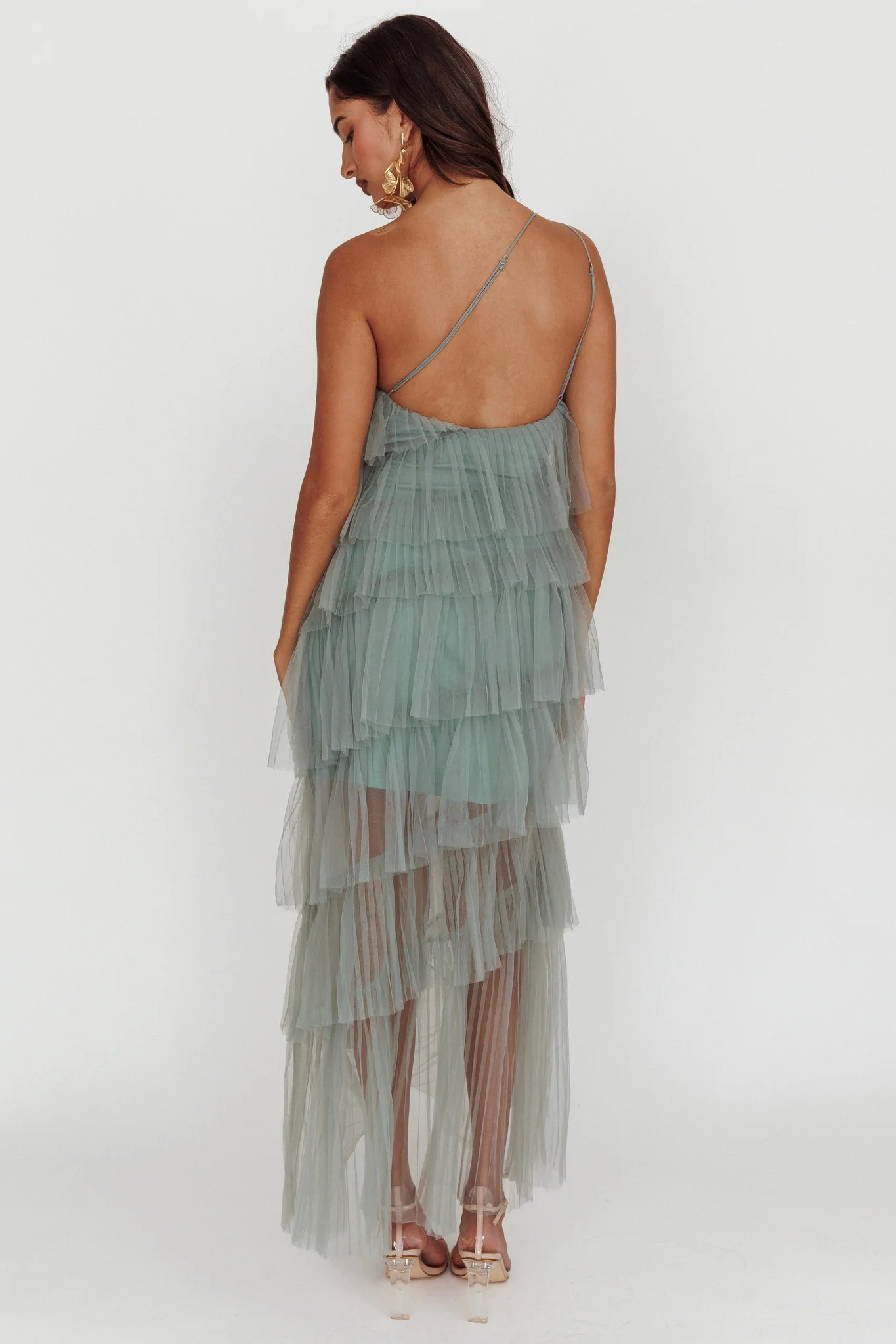 Arrabel Tiered Ruffle Tulle Maxi Dress Sage - Seraphlike