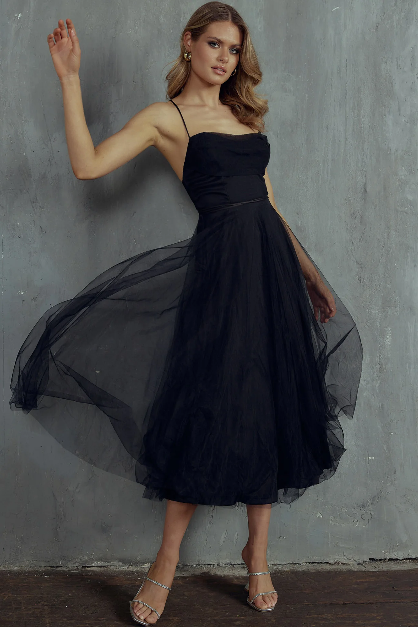 Floating By Pleated Neckline Mesh Midi Dress Black - Seraphlike